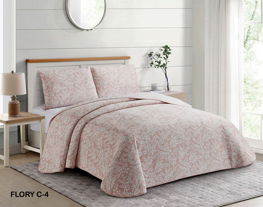 Colcha Bouti Jacquard Reversible Rosa con estampado floral blanco