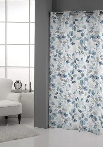Cortina botánica azul y beige con estampado de hojas decorativas en tejido ligero 140x265 cm