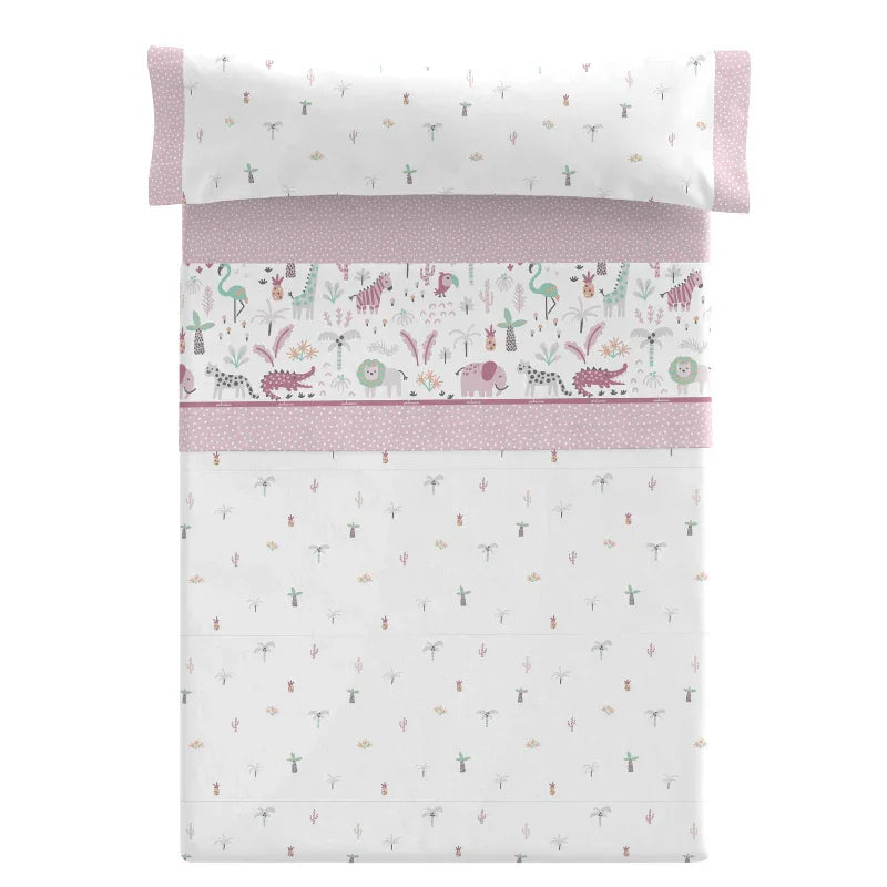 Detalle del estampado de animales y frutas del juego de sábanas Selva de Paduana