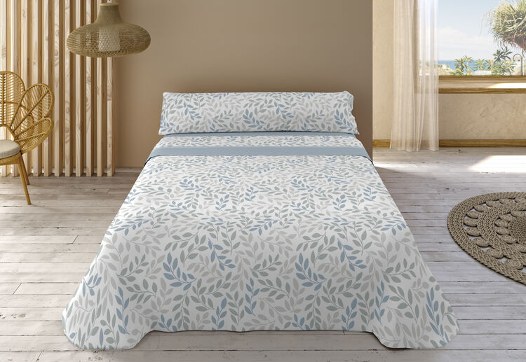 Juego de sábanas coralina para cama de 180 cm con estampado de hojas azules modelo Evelina C2 de Casa Campo.