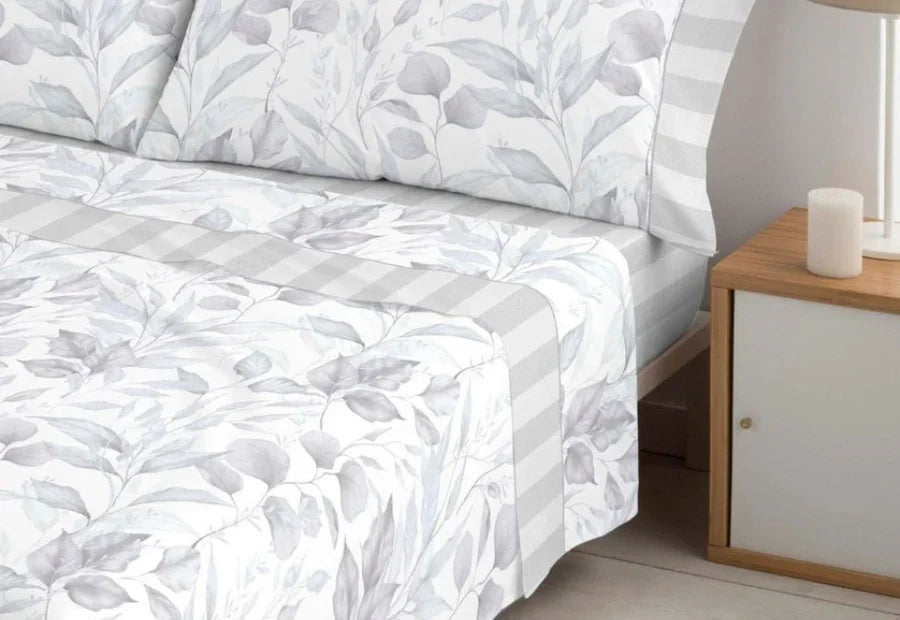 Juego de sábanas de verano de algodón y poliéster con diseño botánico gris y blanco para cama de 180 cm