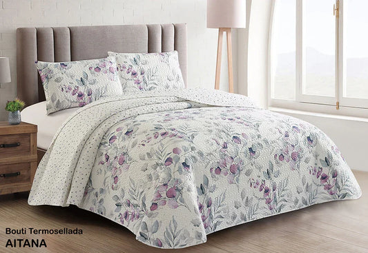 Colcha Bouti Diseño de Flores Lila, Elegante, Suave y Reversible.