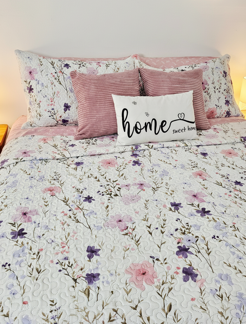 Dormitorio fresco, elegante y acogedor este verano con este Conjunto Floral | Incluye colcha + juego de sábanas + 3 cojines decorativos