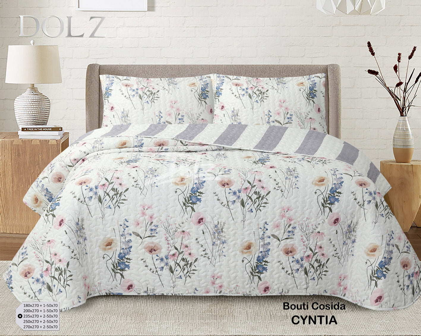 Colcha bouti reversible modelo Cyntia con estampado floral y reverso de rayas para cama de 135 y 150