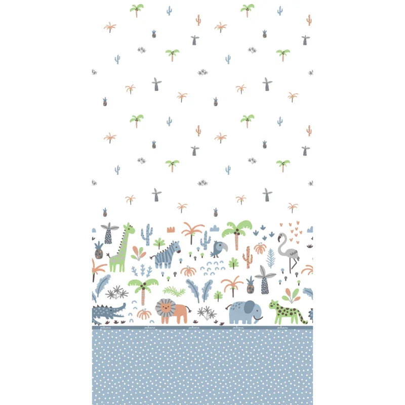 Detalle del estampado de animales y frutas del juego de sábanas Selva de Paduana