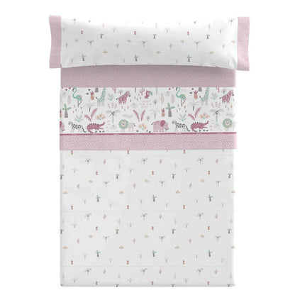 Detalle del estampado de animales y frutas del juego de sábanas Selva de Paduana
