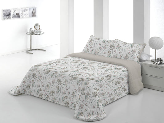 Edredón sherpa borreguito beige con cara de franela suave y reverso de borreguillo en dormitorio acogedor