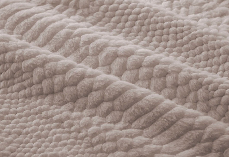 Primer plano del relieve 3D en tejido sedalina del edredón sherpa borreguito de alta gama