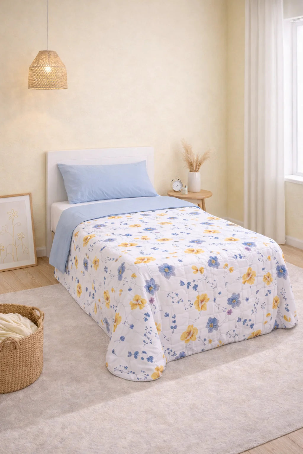 Cama de 150 vestida con la funda nórdica floral azul