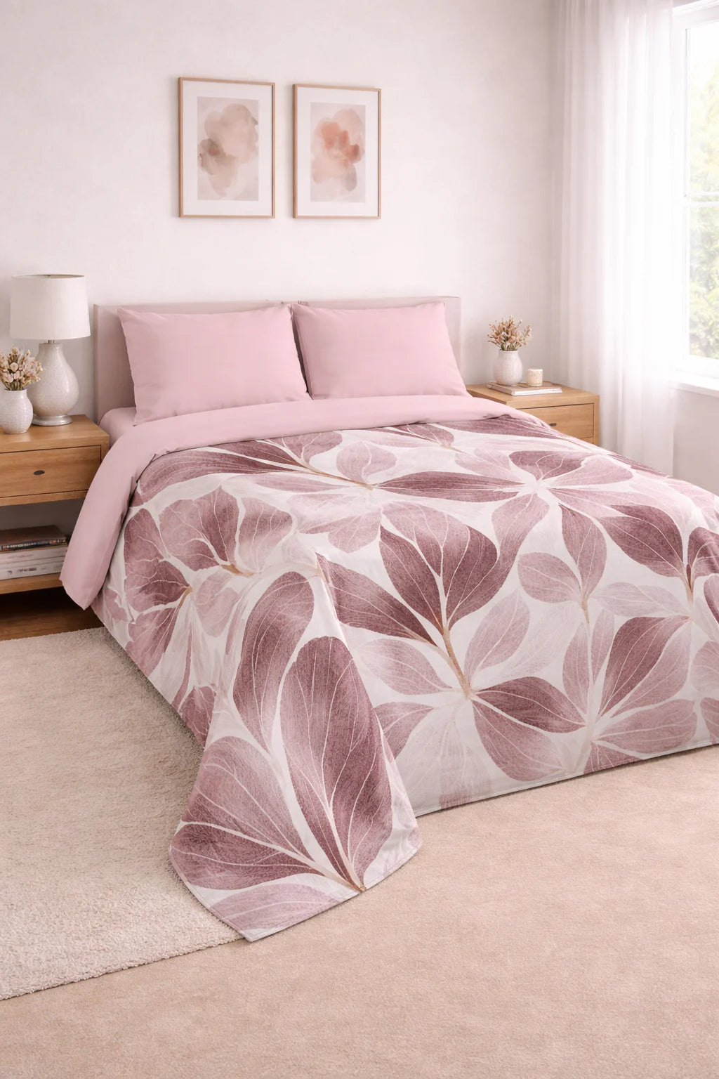 Dormitorio moderno con funda nórdica reversible rosa palo en 100% algodón.