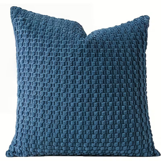 Funda de cojín decorativa azul con relieve de burbujas suave y cremallera invisible, medida 45x45 cm.