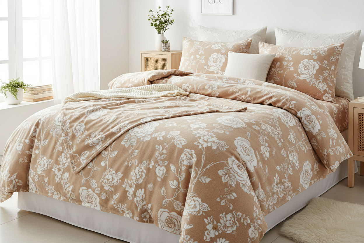 juego de sabanas de coralinaestampado de flores beige y blanco