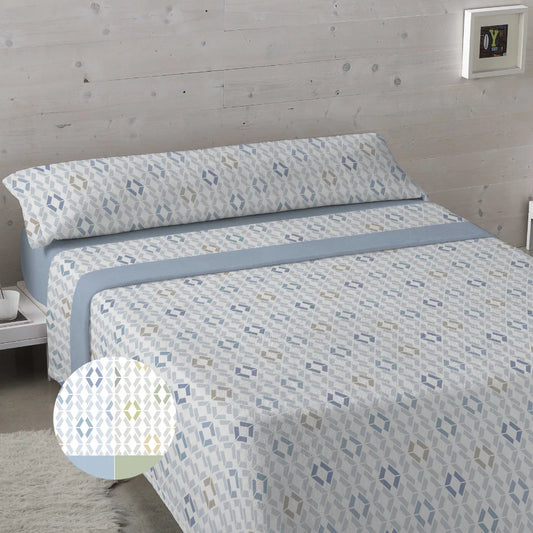 Juego de sábanas de coralina azul para cama de 150cm con estampado geométrico.