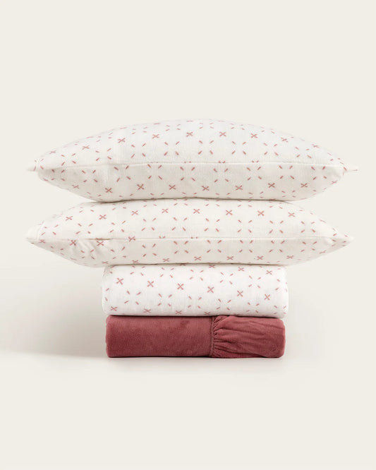 Juego de sábanas de coralina en color maquillaje y blanco, 220 gr/m2.