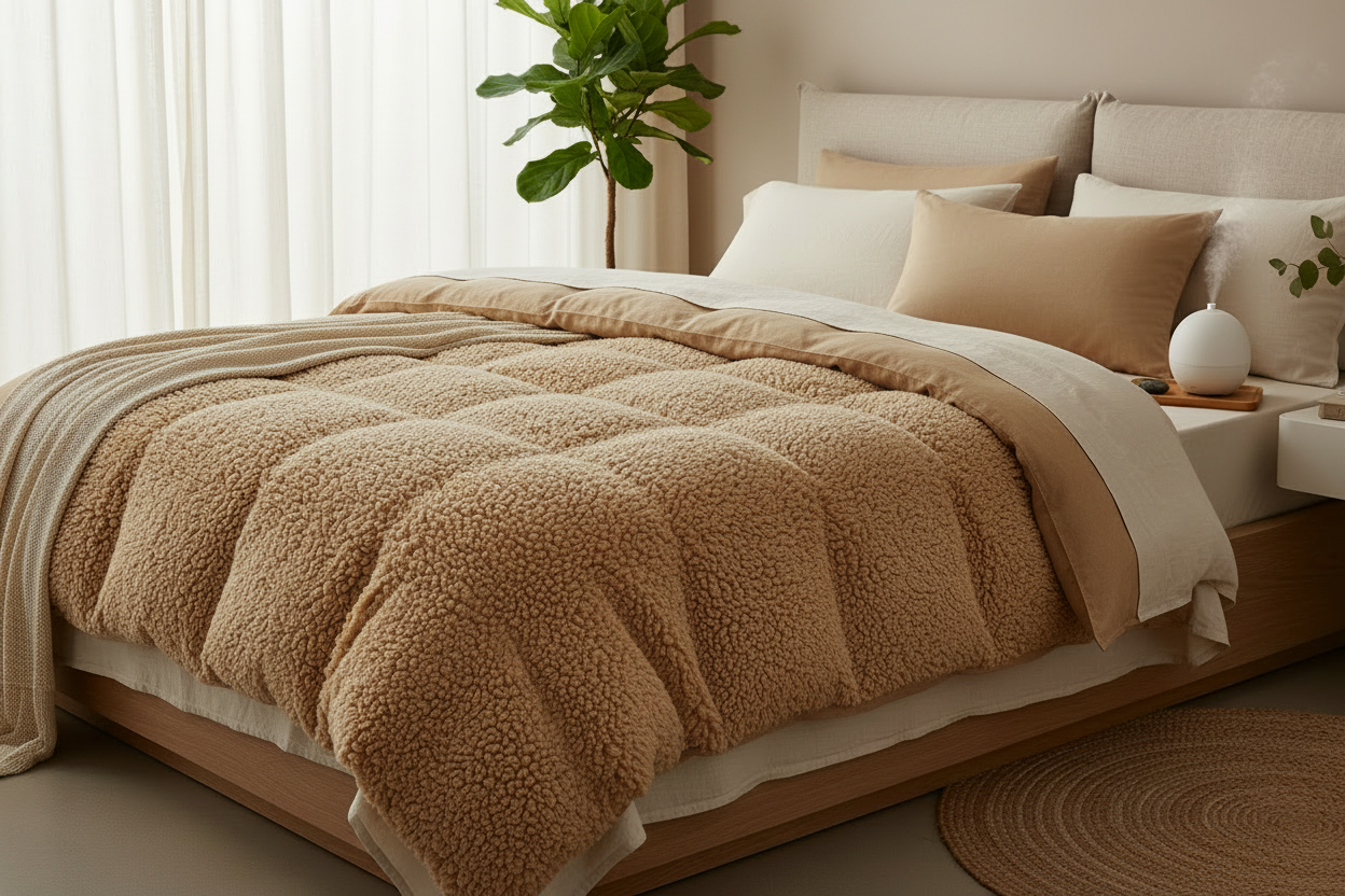 puedes poner una planta en el dormitorio y poner tejido sherpa en el edredon