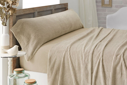 Juego de sábanas de coralina beige , tejido jacquard térmico de 240 gr/m2 para cama de invierno.