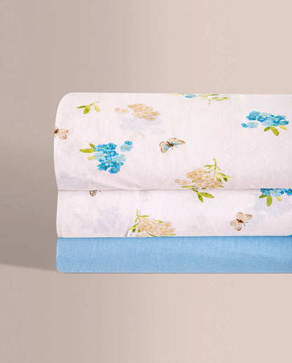 Juego de Sábanas de Verano Diseño Botánico con bajera celeste sólido 100% algodón 150 hilos