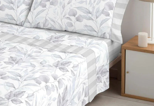 Juego de sábanas de verano de algodón y poliéster con diseño botánico gris y blanco para cama de 180 cm