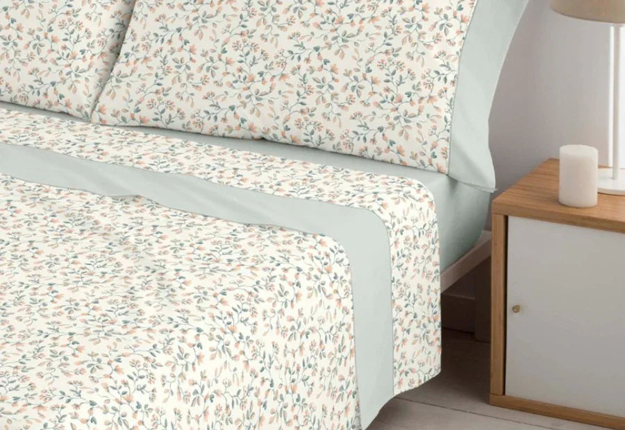 Juego de sábanas de verano 100% algodón color verde para cama de 135 cm