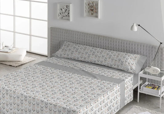 Vista general del juego de sábanas estampadas modernas con diseño geométrico