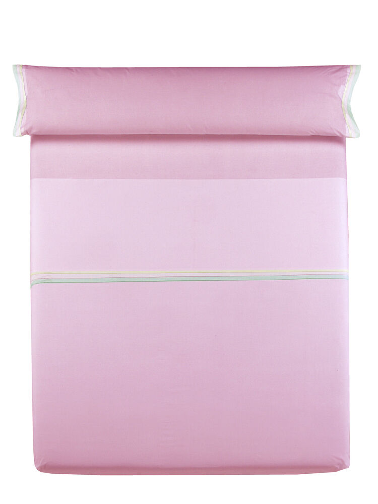 Juego de sábanas de verano rosa con detalle de bordes de colores en algodón y poliéster para cama de 90.
